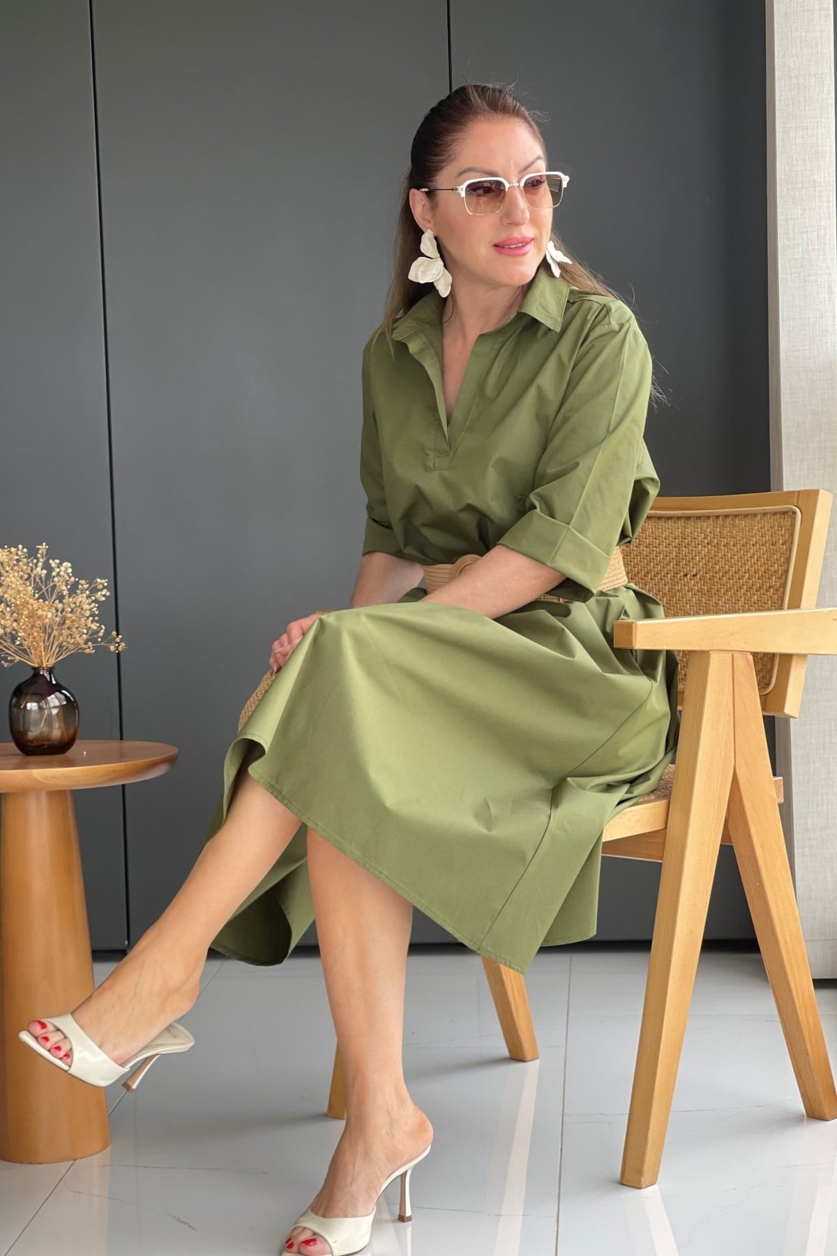 Haki Oversize Poplin Elbise