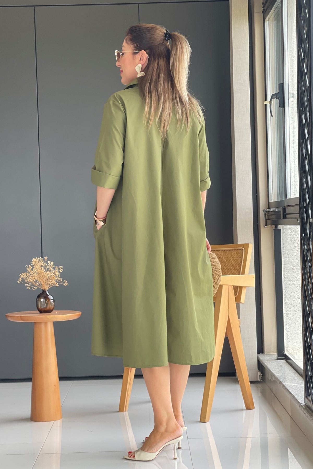 Haki Oversize Poplin Elbise
