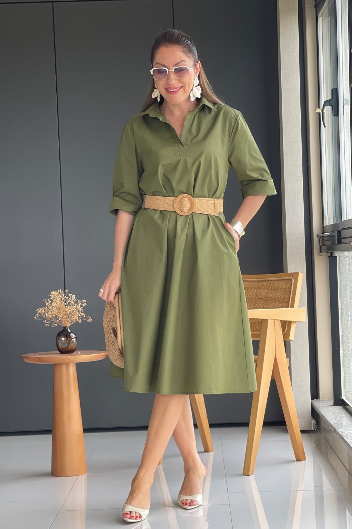 Haki Oversize Poplin Elbise