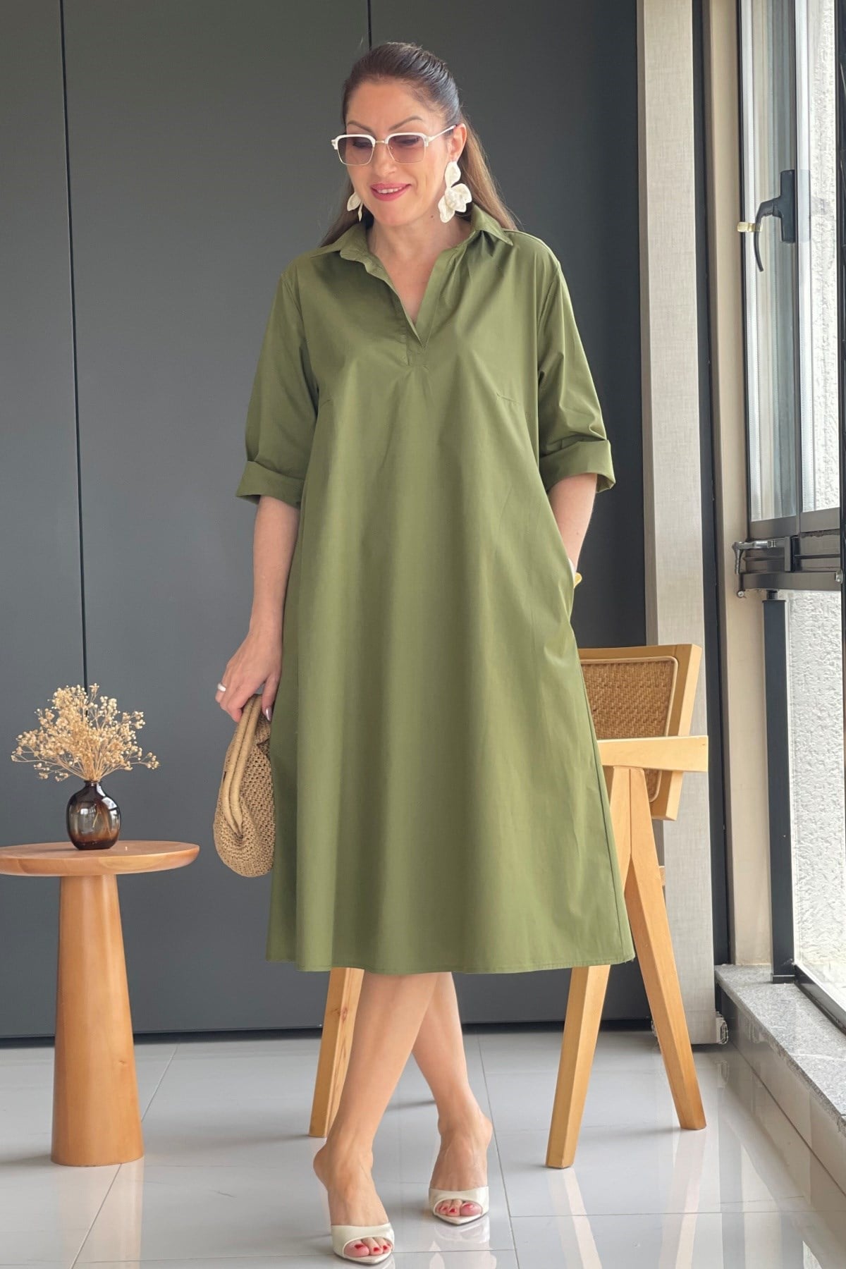Haki Oversize Poplin Elbise