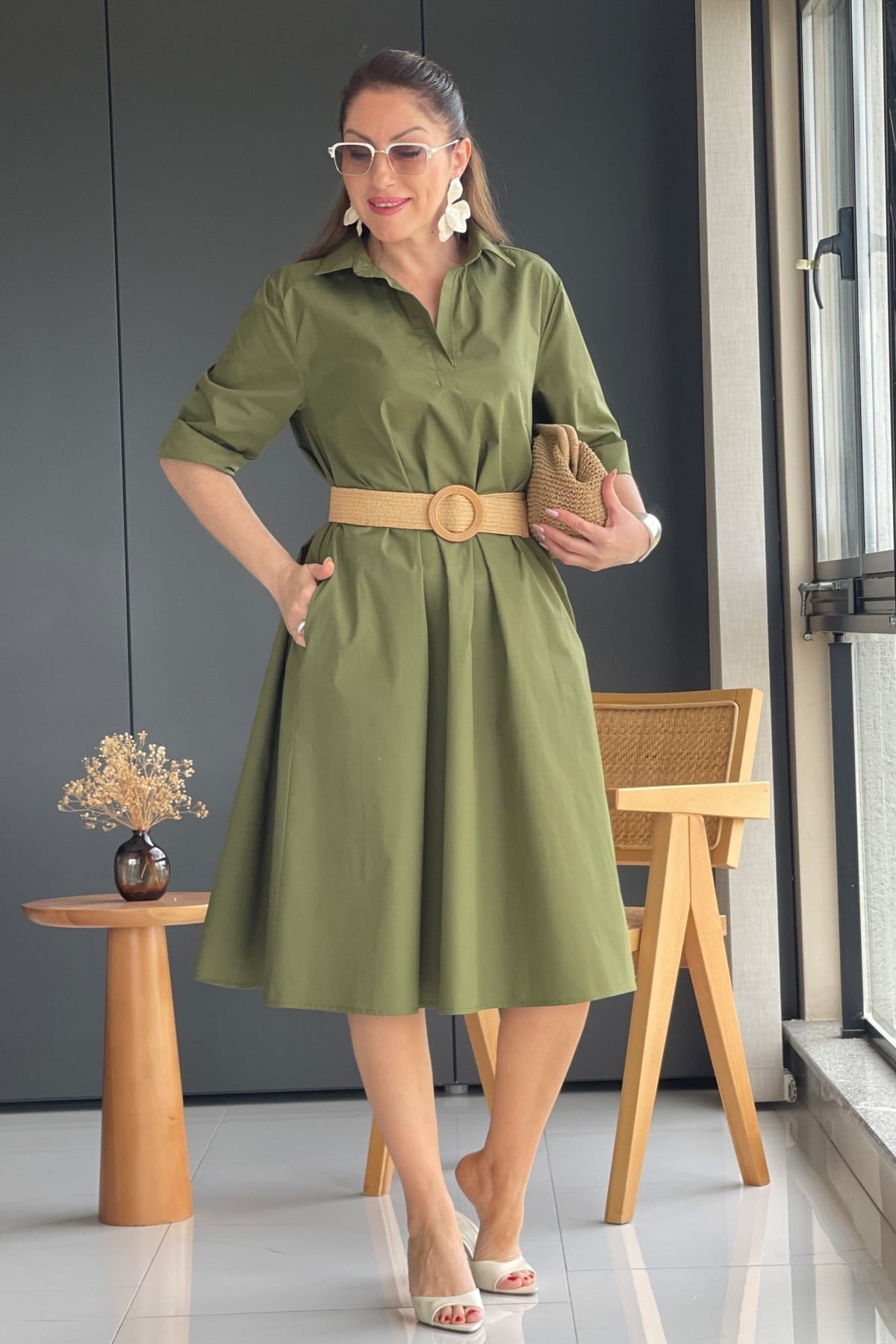 Haki Oversize Poplin Elbise