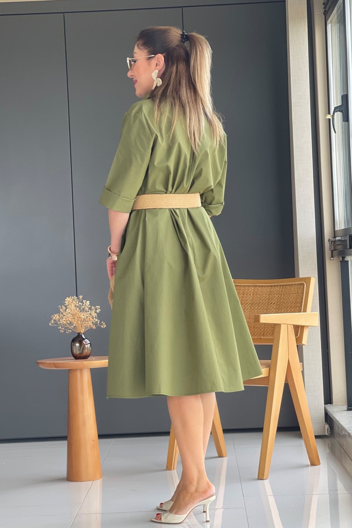 Haki Oversize Poplin Elbise