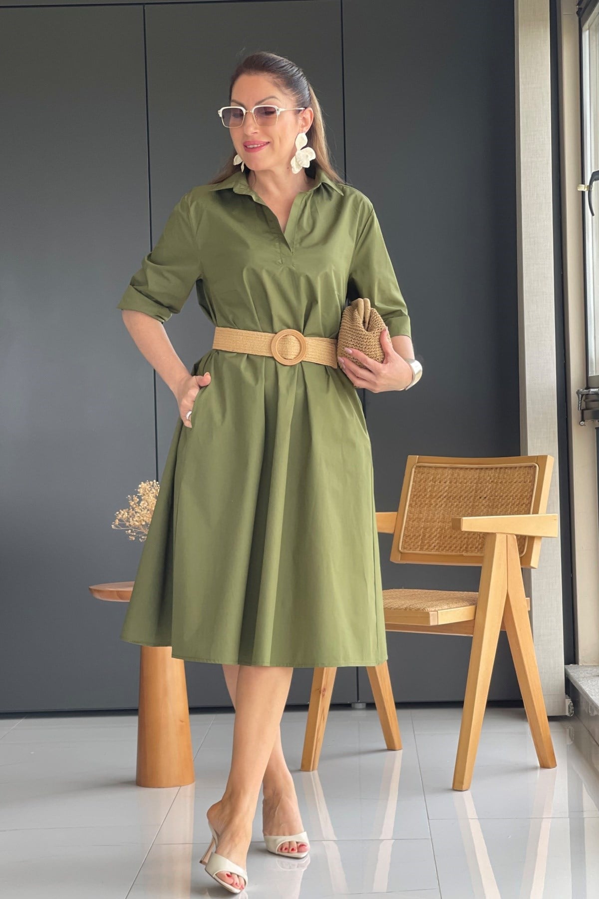 Haki Oversize Poplin Elbise