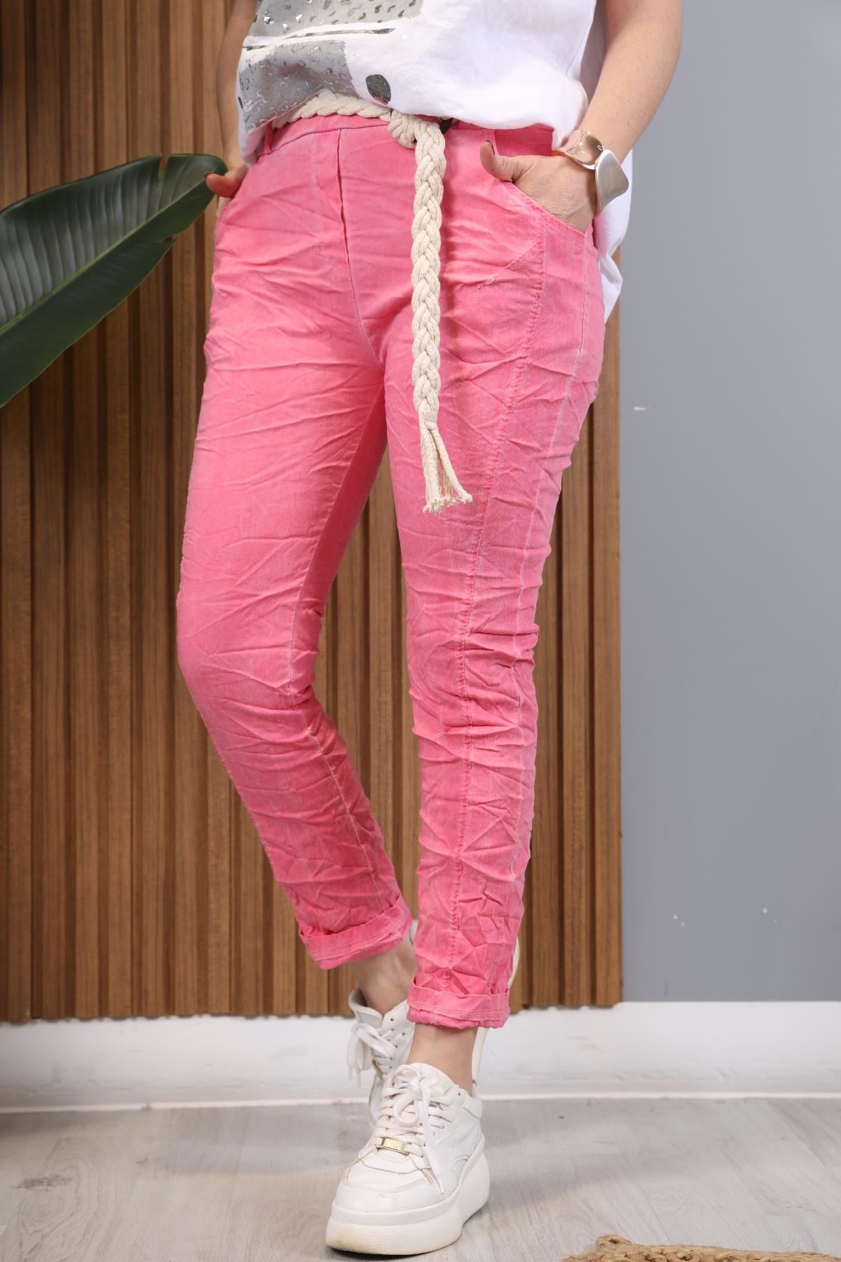 Halat Kemer İthal Pembe Pantolon