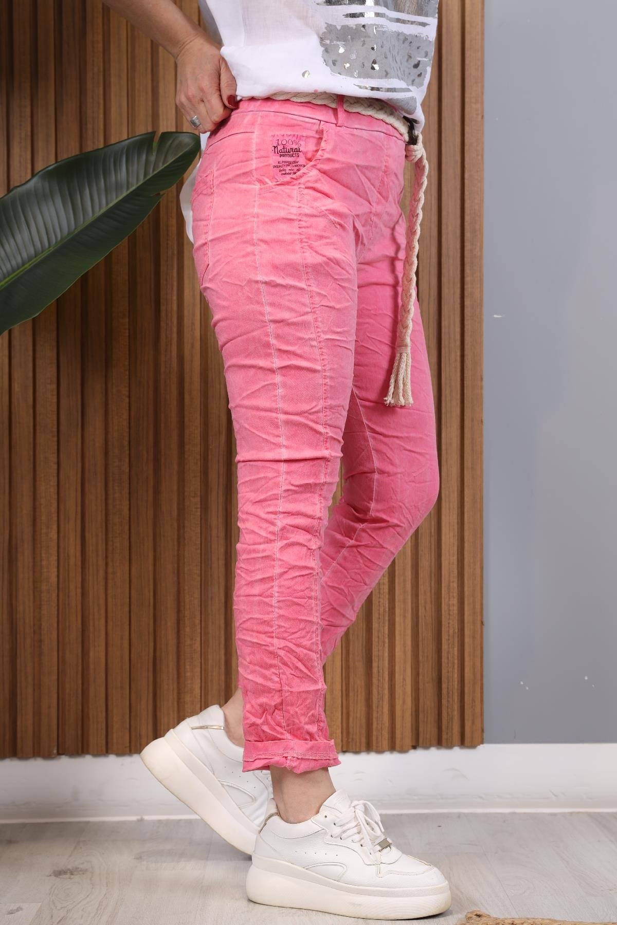 Halat Kemer İthal Pembe Pantolon
