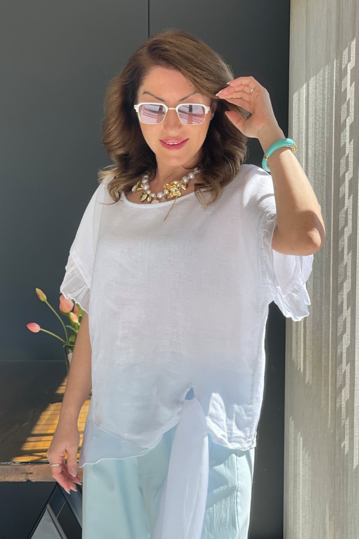 İthal Bağlama Detay Keten Beyaz Bluz