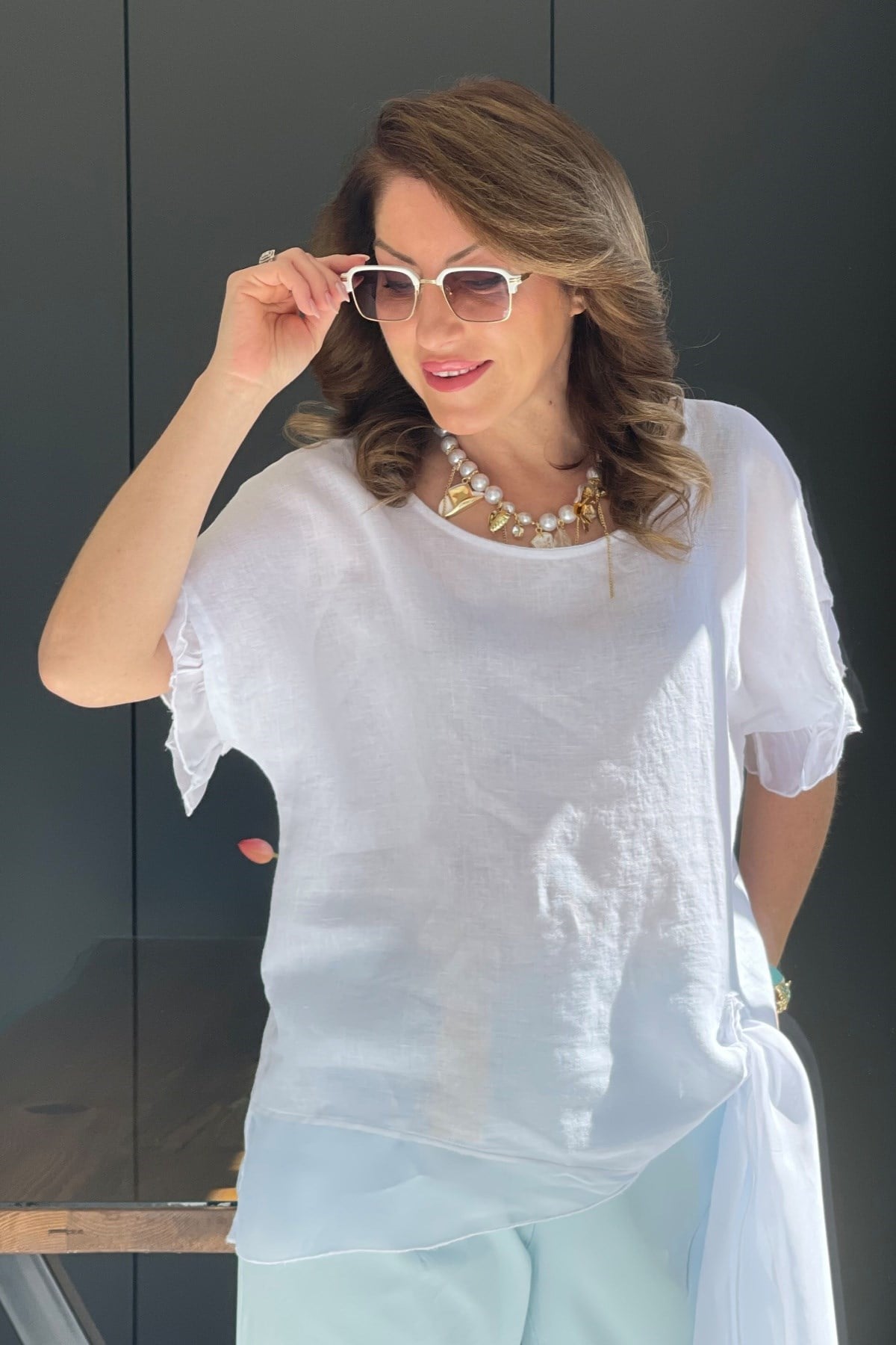 İthal Bağlama Detay Keten Beyaz Bluz