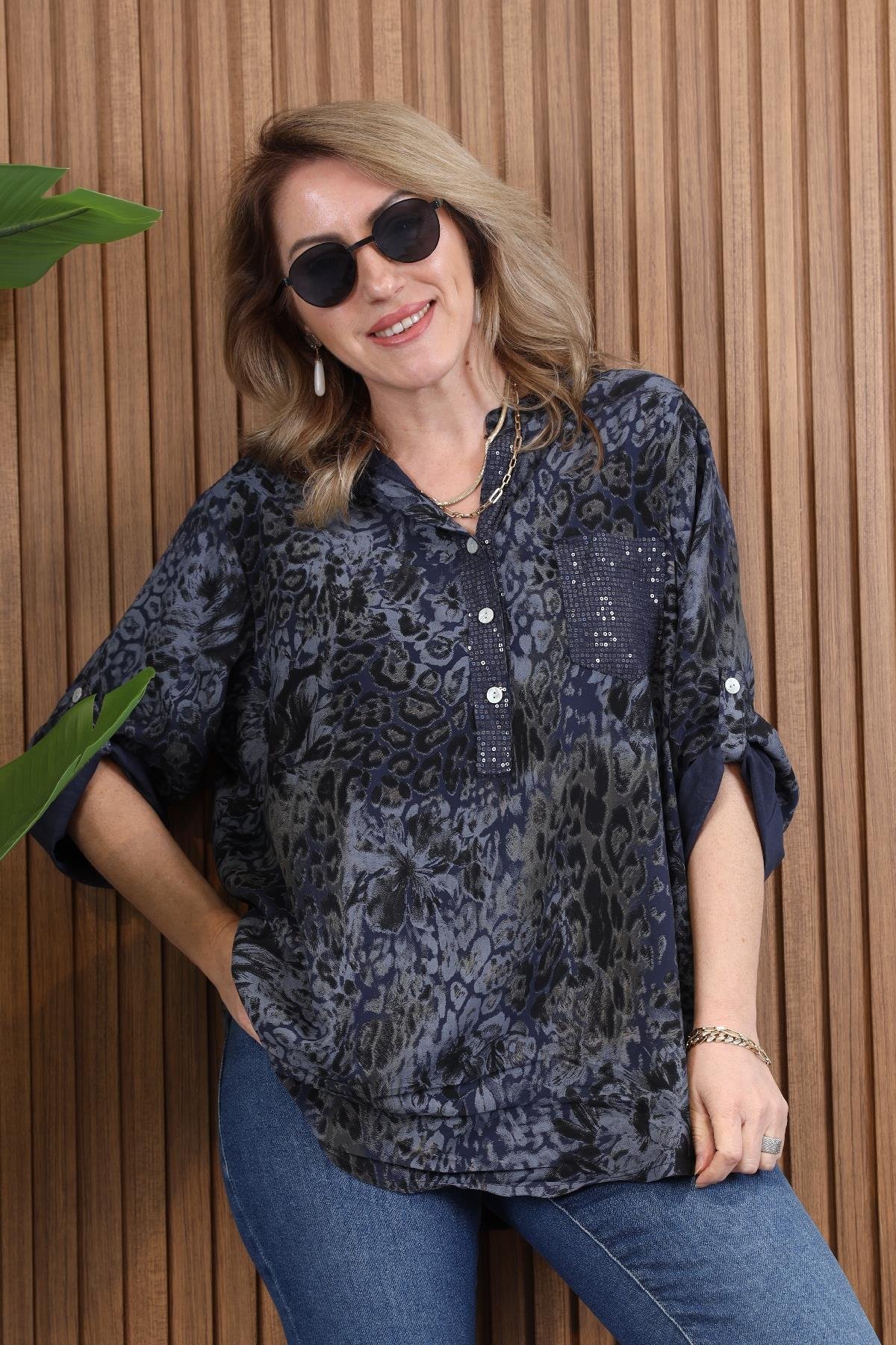 İthal Batik Çiçek Pul Cep Lacivert Gömlek