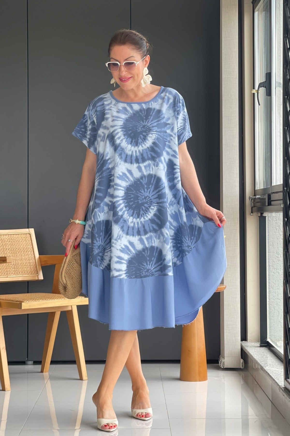 İthal Batik Desen Mavi Elbise