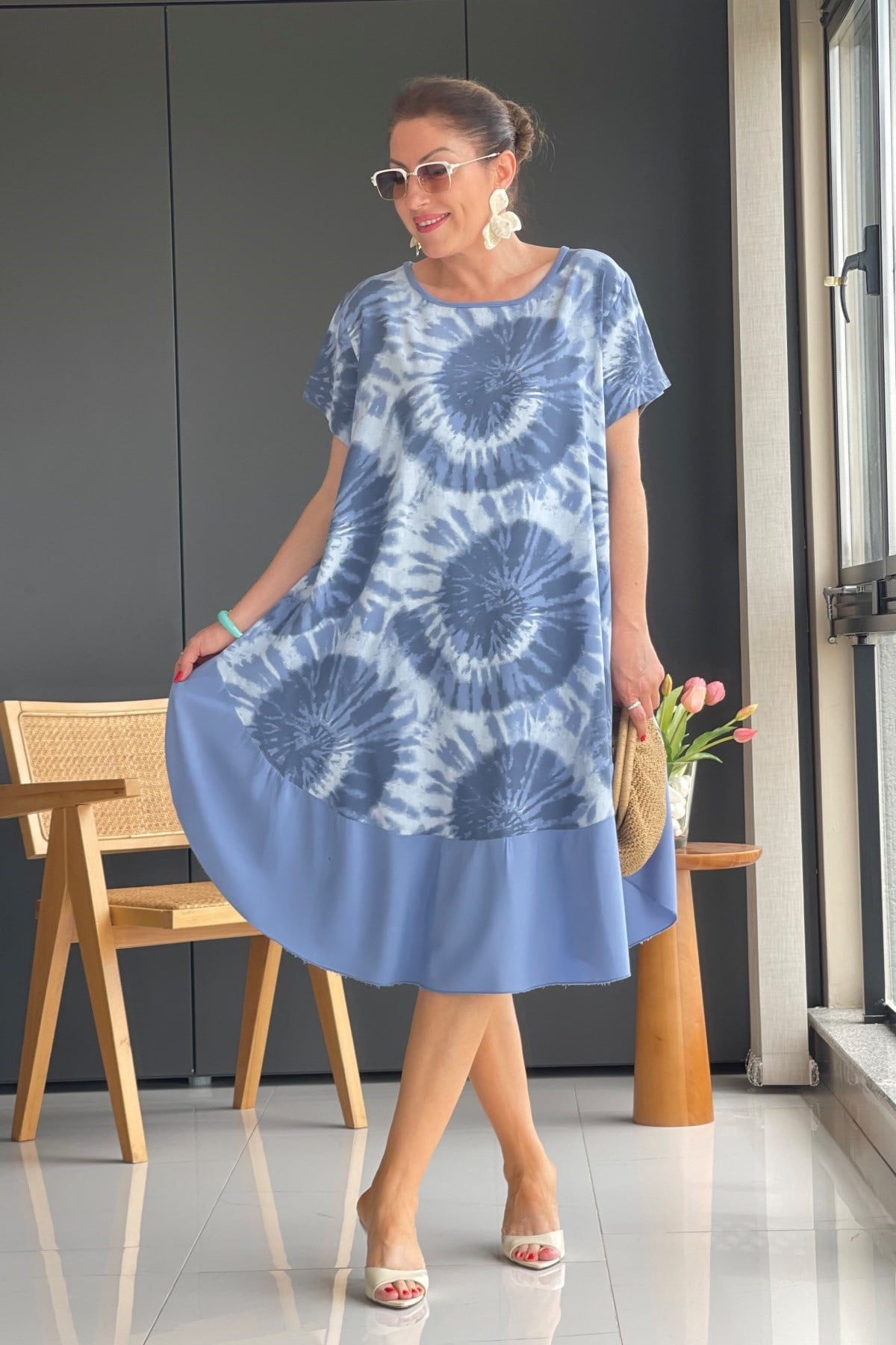 İthal Batik Desen Mavi Elbise