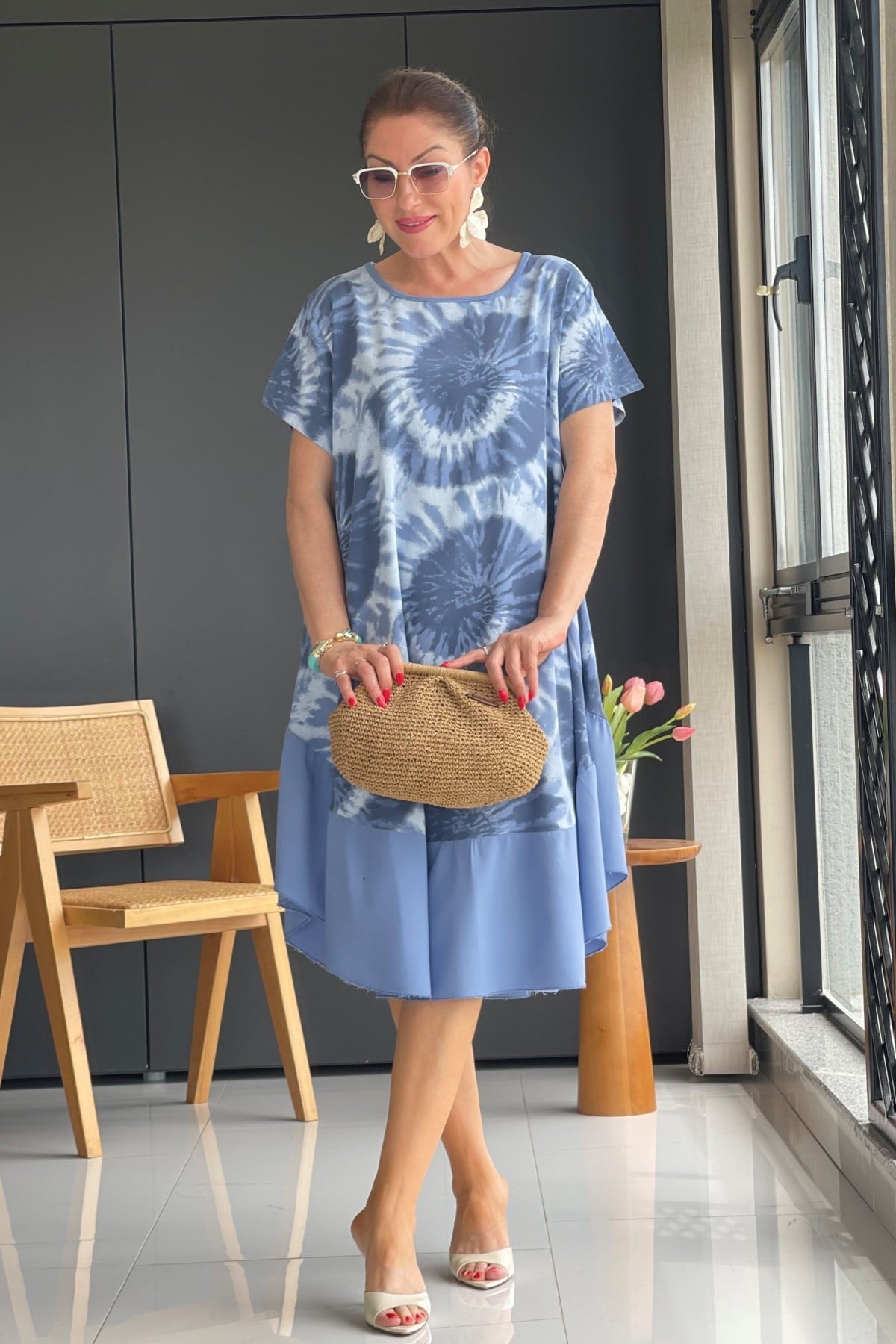 İthal Batik Desen Mavi Elbise