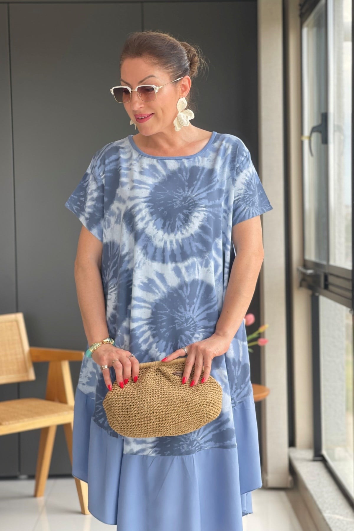 İthal Batik Desen Mavi Elbise