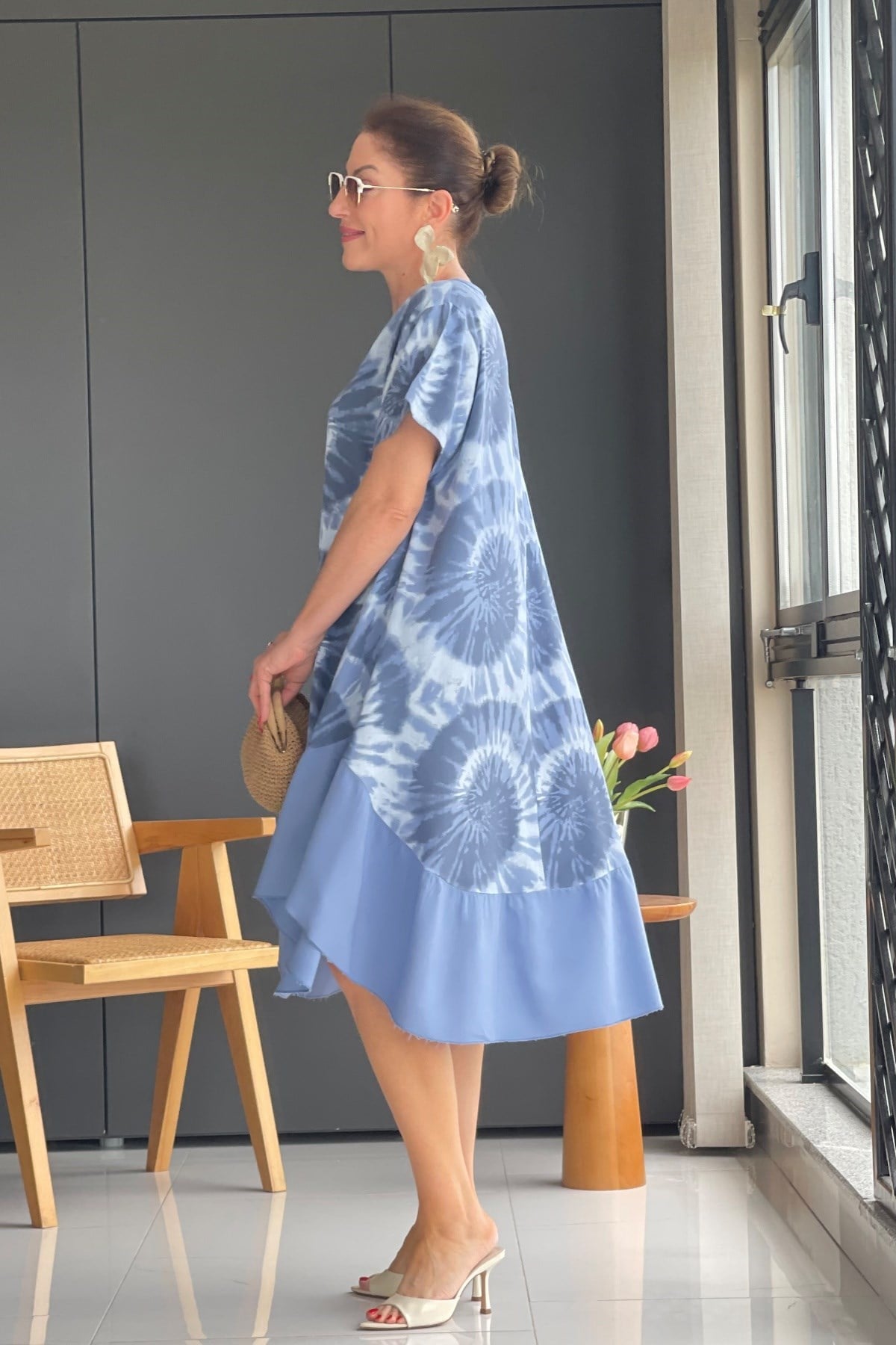 İthal Batik Desen Mavi Elbise