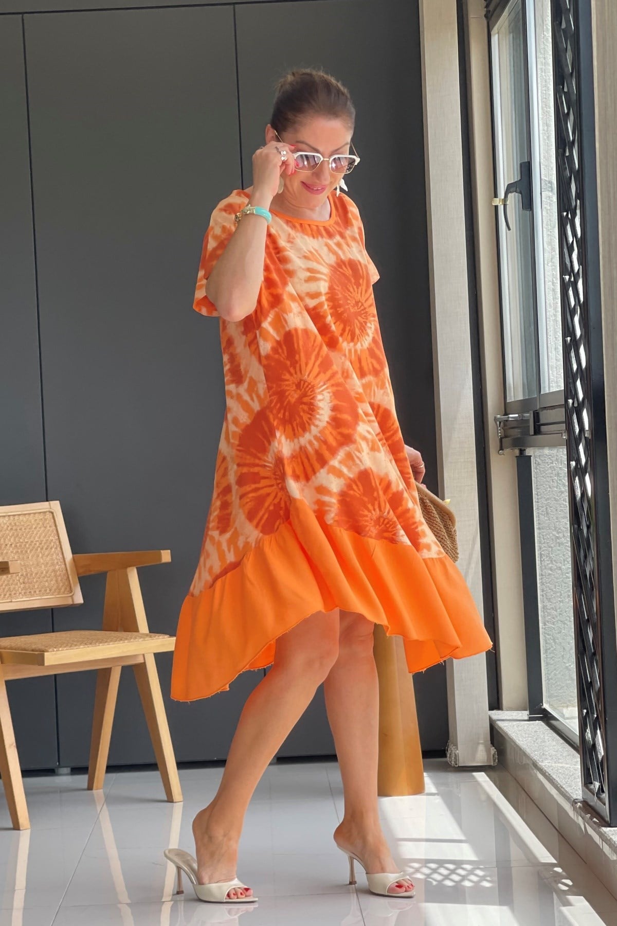 İthal Batik Desen Oranj Elbise