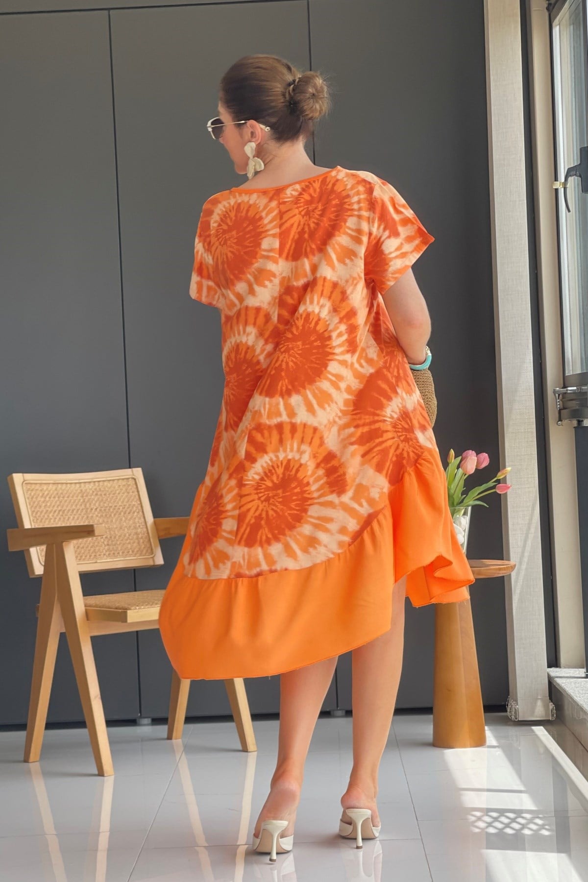 İthal Batik Desen Oranj Elbise