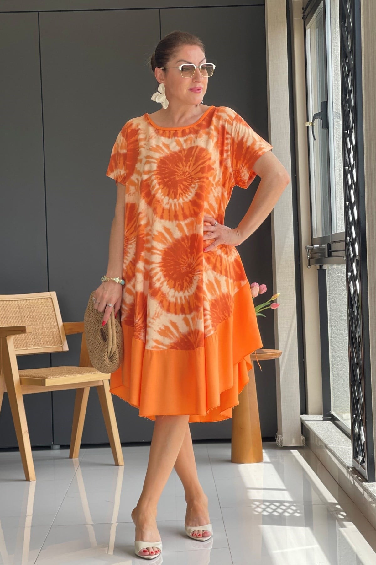 İthal Batik Desen Oranj Elbise
