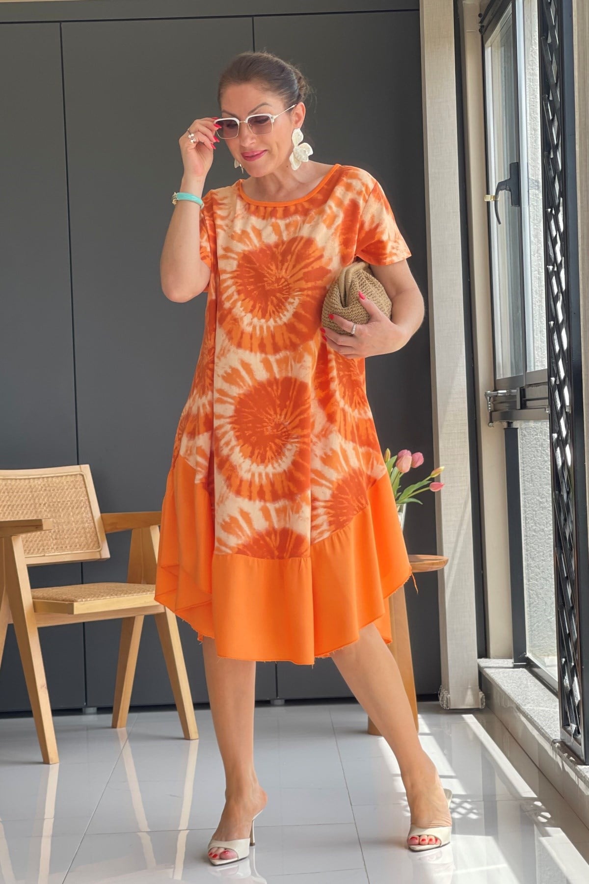 İthal Batik Desen Oranj Elbise
