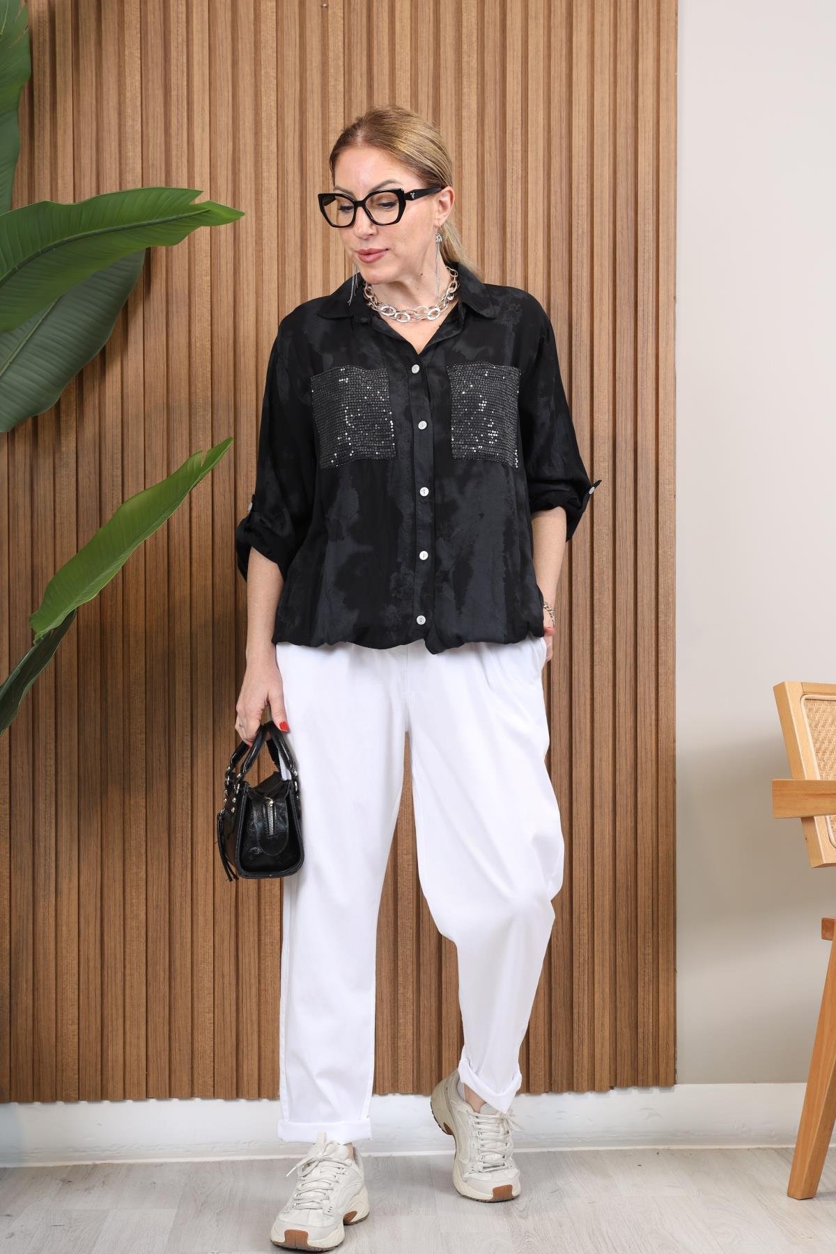 İthal Batik Desen Pul Cep Siyah Gömlek