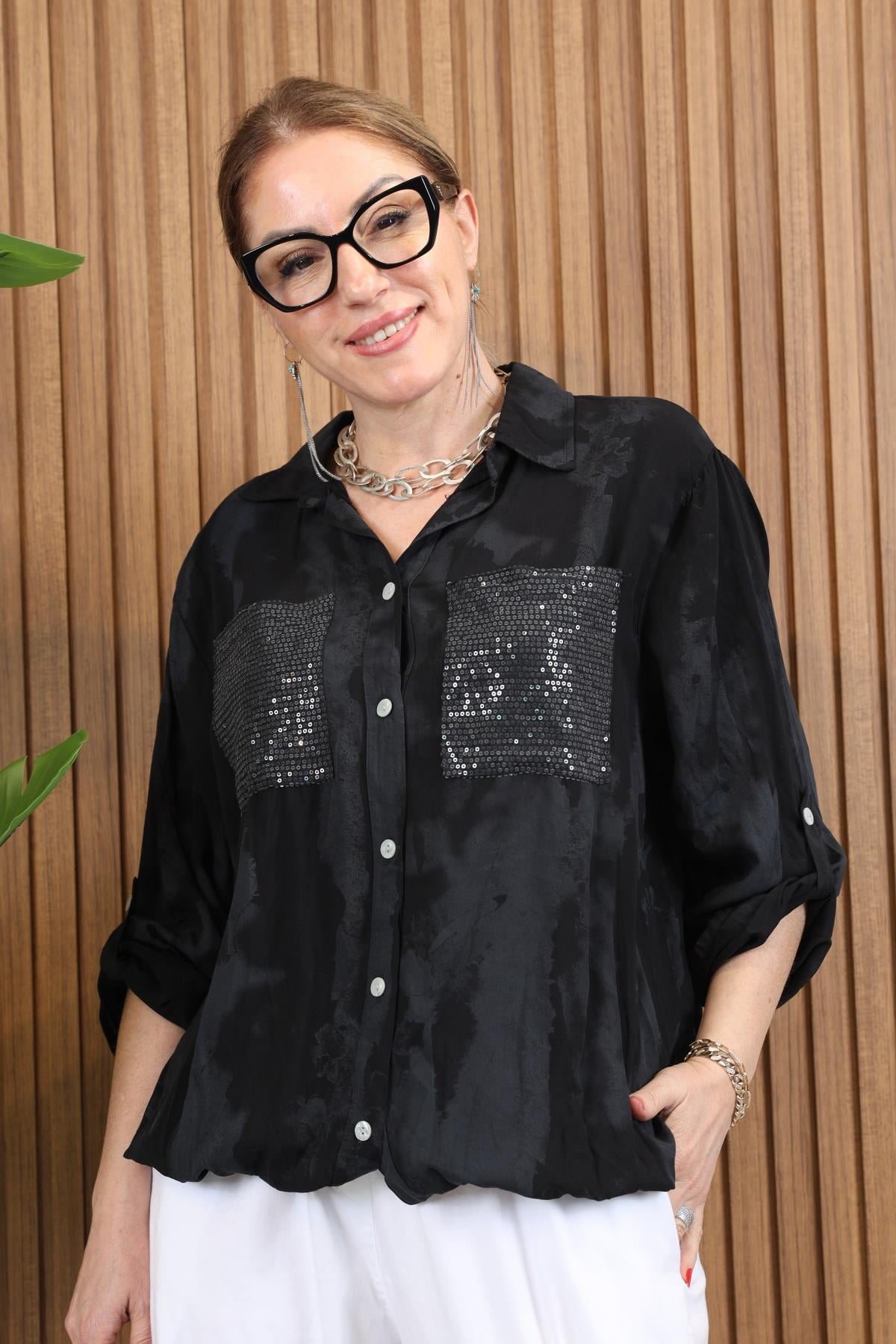 İthal Batik Desen Pul Cep Siyah Gömlek