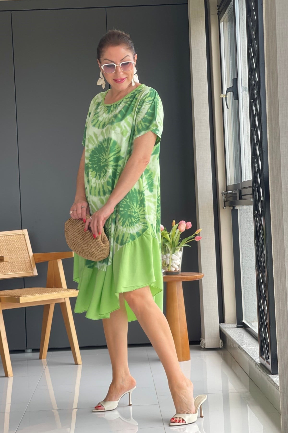 İthal Batik Desen Yeşil Elbise