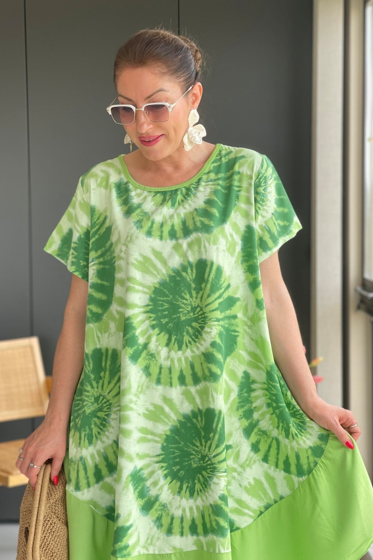 İthal Batik Desen Yeşil Elbise