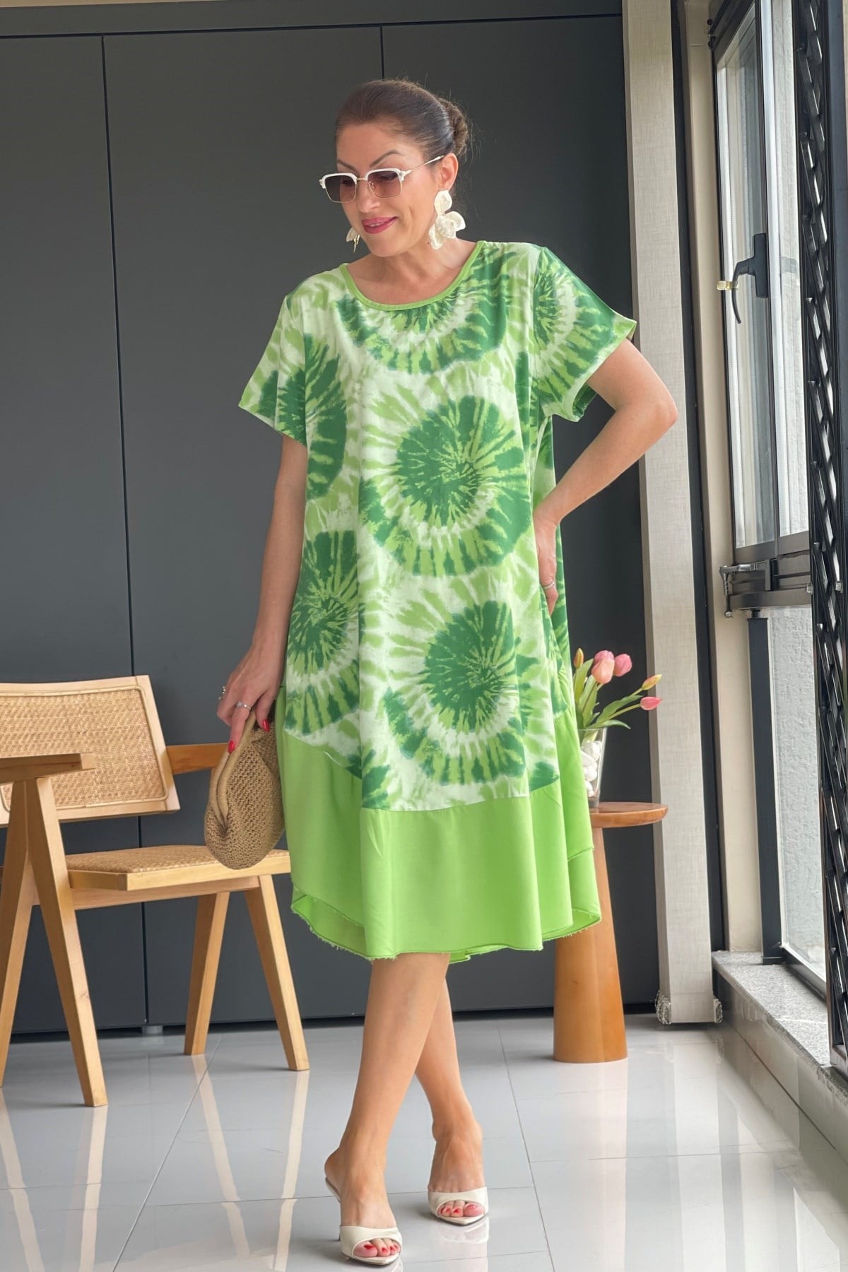 İthal Batik Desen Yeşil Elbise