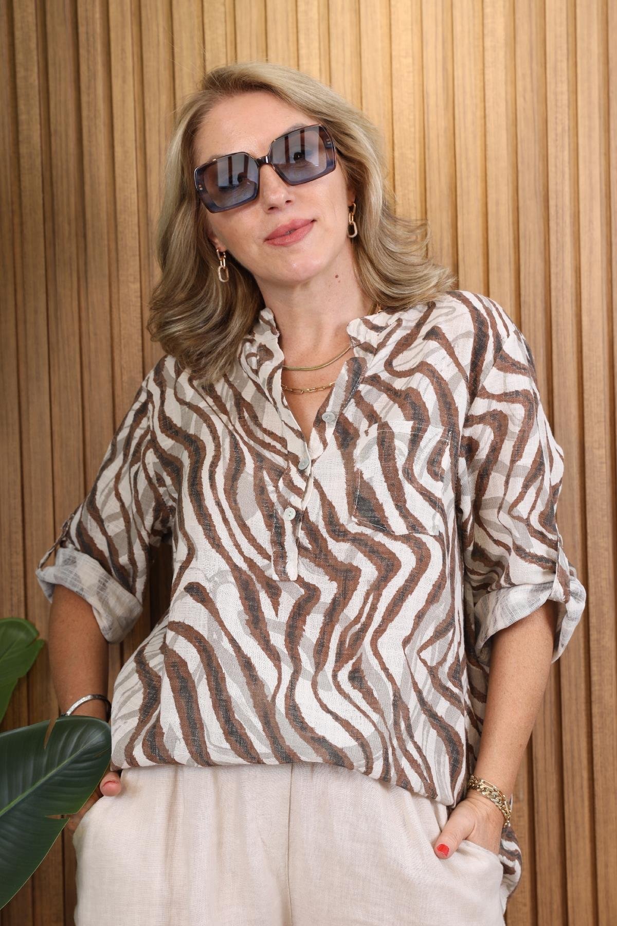 İthal Batik Zebra Desen Bej Gömlek