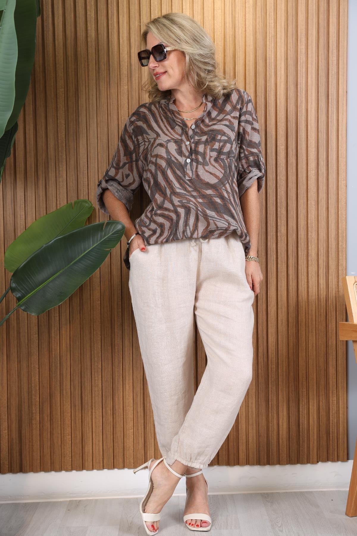 İthal Batik Zebra Desen Vizon Gömlek