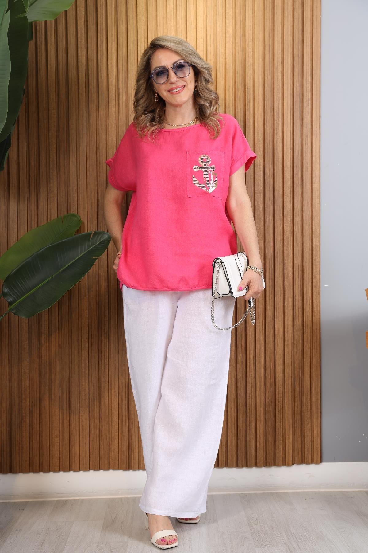 İthal Cep Çapa Desen Fuşya T-Shirt
