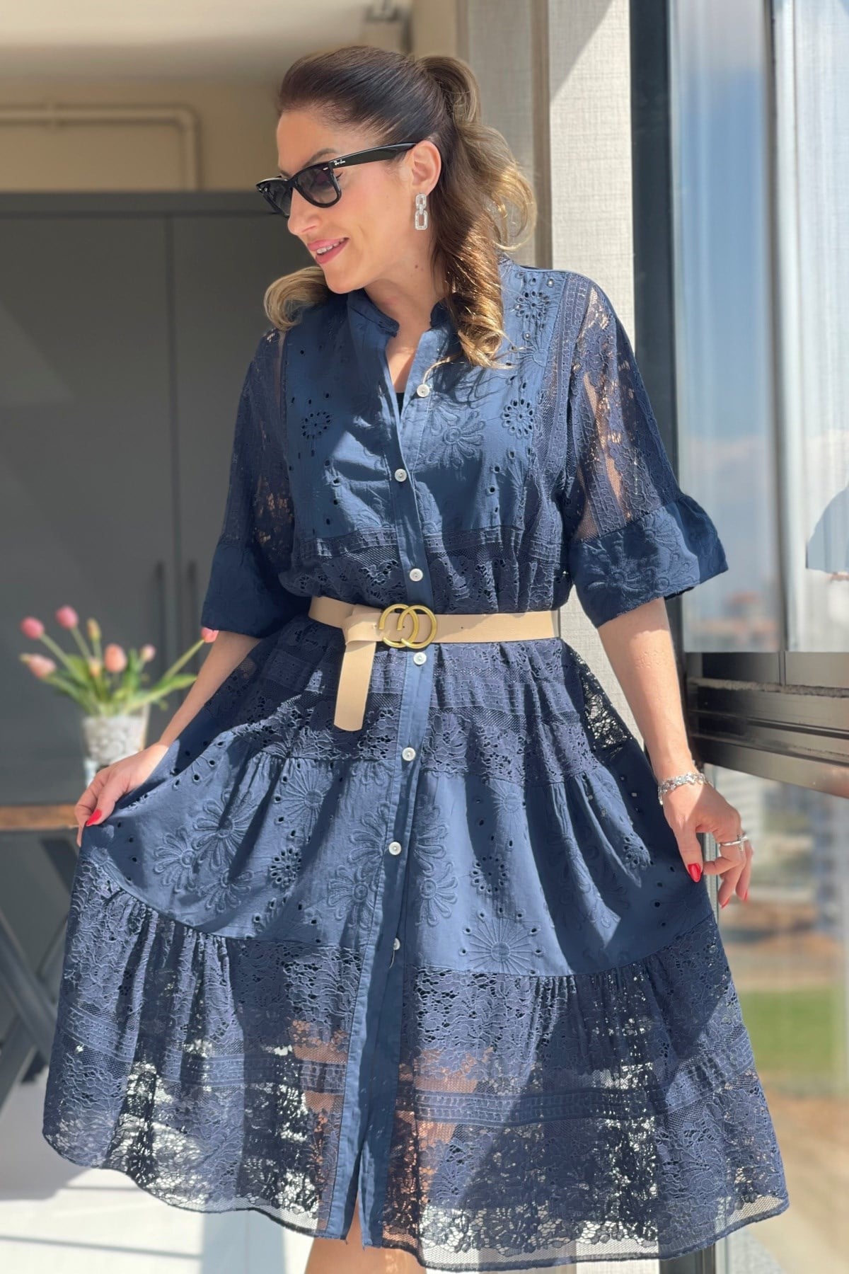 İthal Dantelli Lacivert Elbise