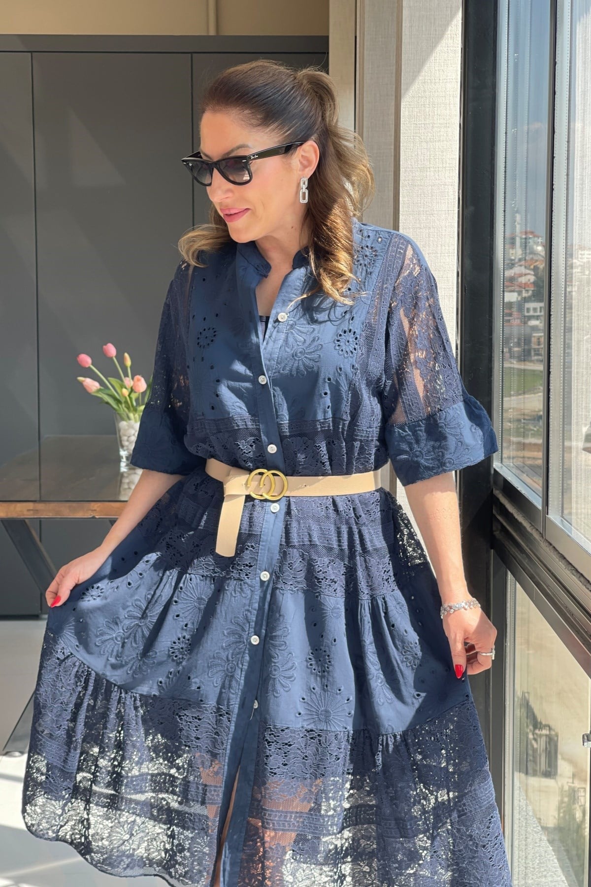 İthal Dantelli Lacivert Elbise