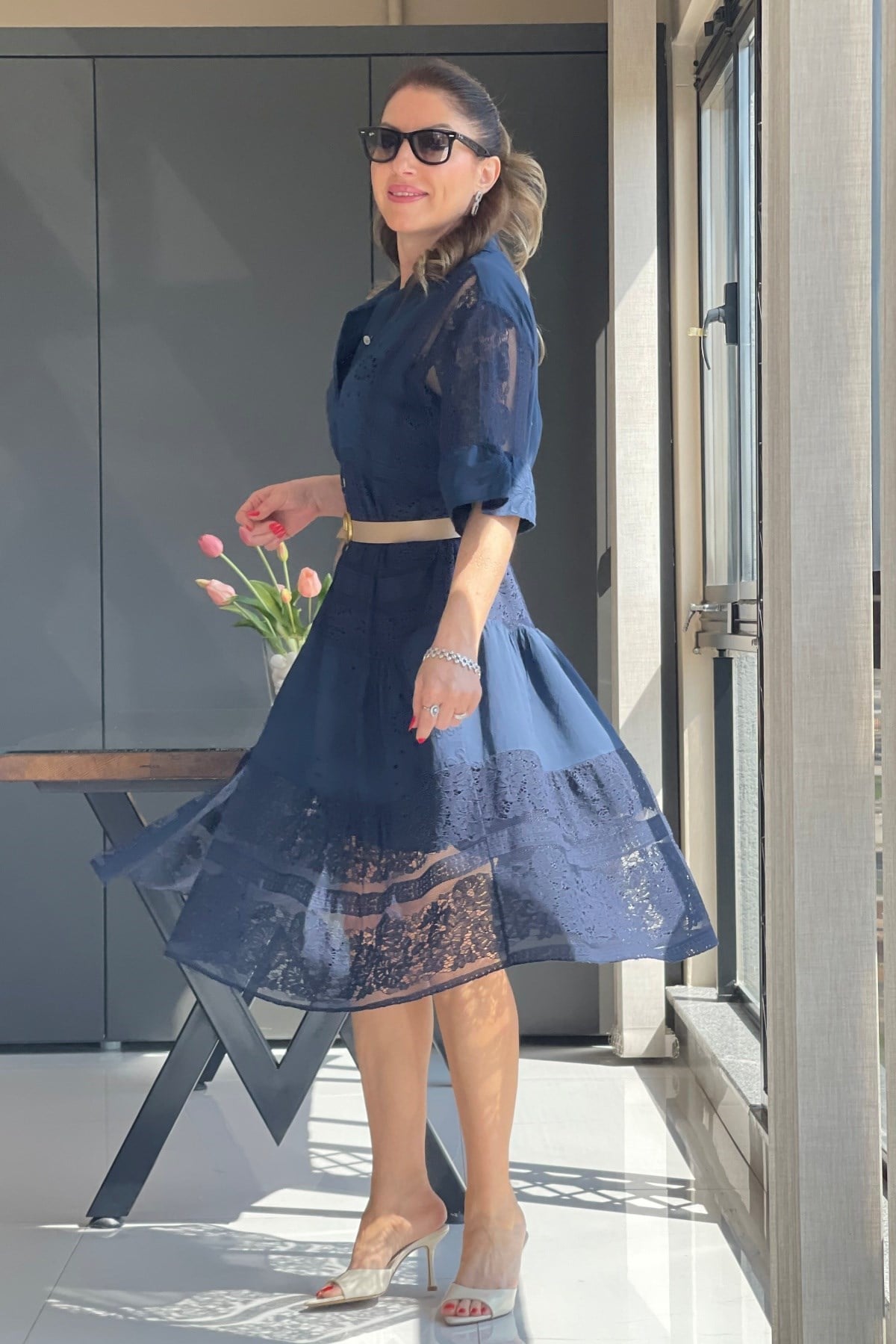 İthal Dantelli Lacivert Elbise