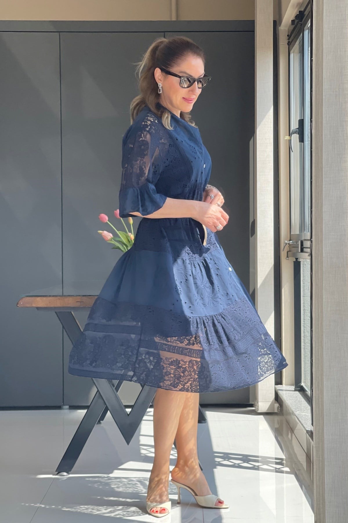 İthal Dantelli Lacivert Elbise