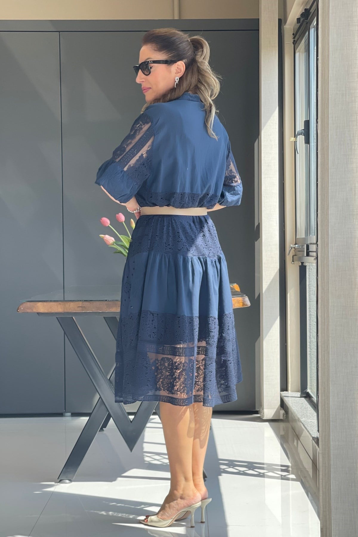 İthal Dantelli Lacivert Elbise