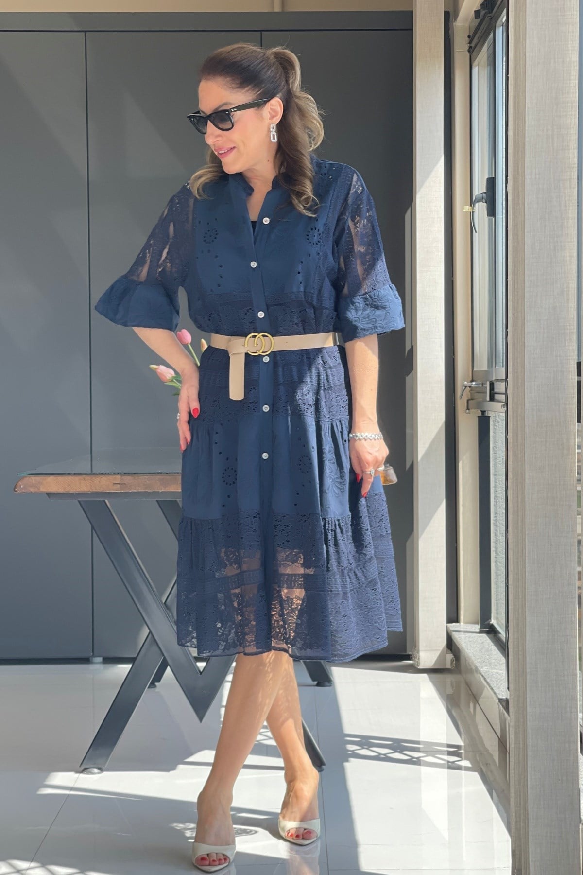 İthal Dantelli Lacivert Elbise