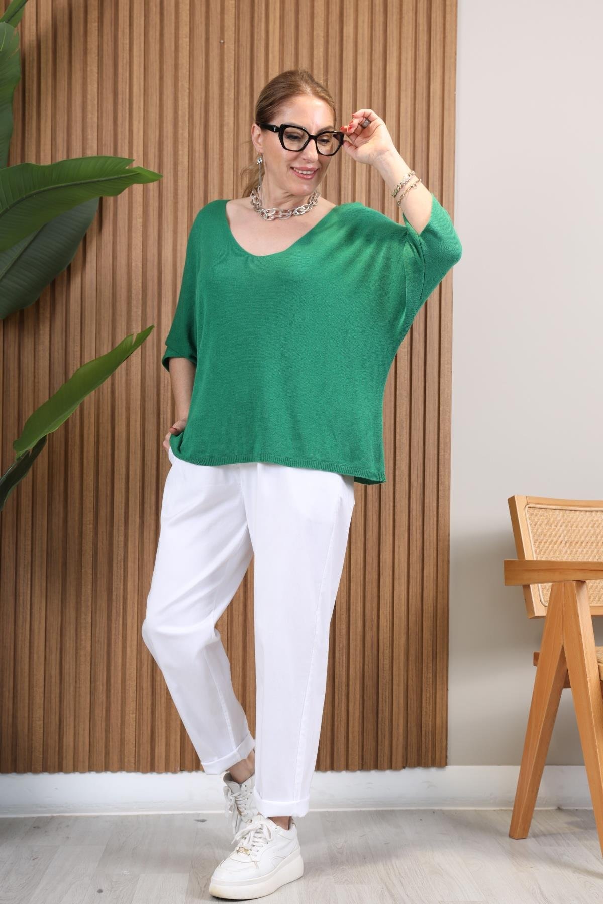 İthal Düz Desen Yeşil Triko Bluz