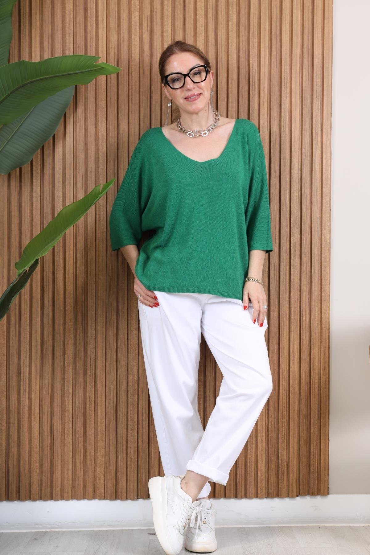 İthal Düz Desen Yeşil Triko Bluz