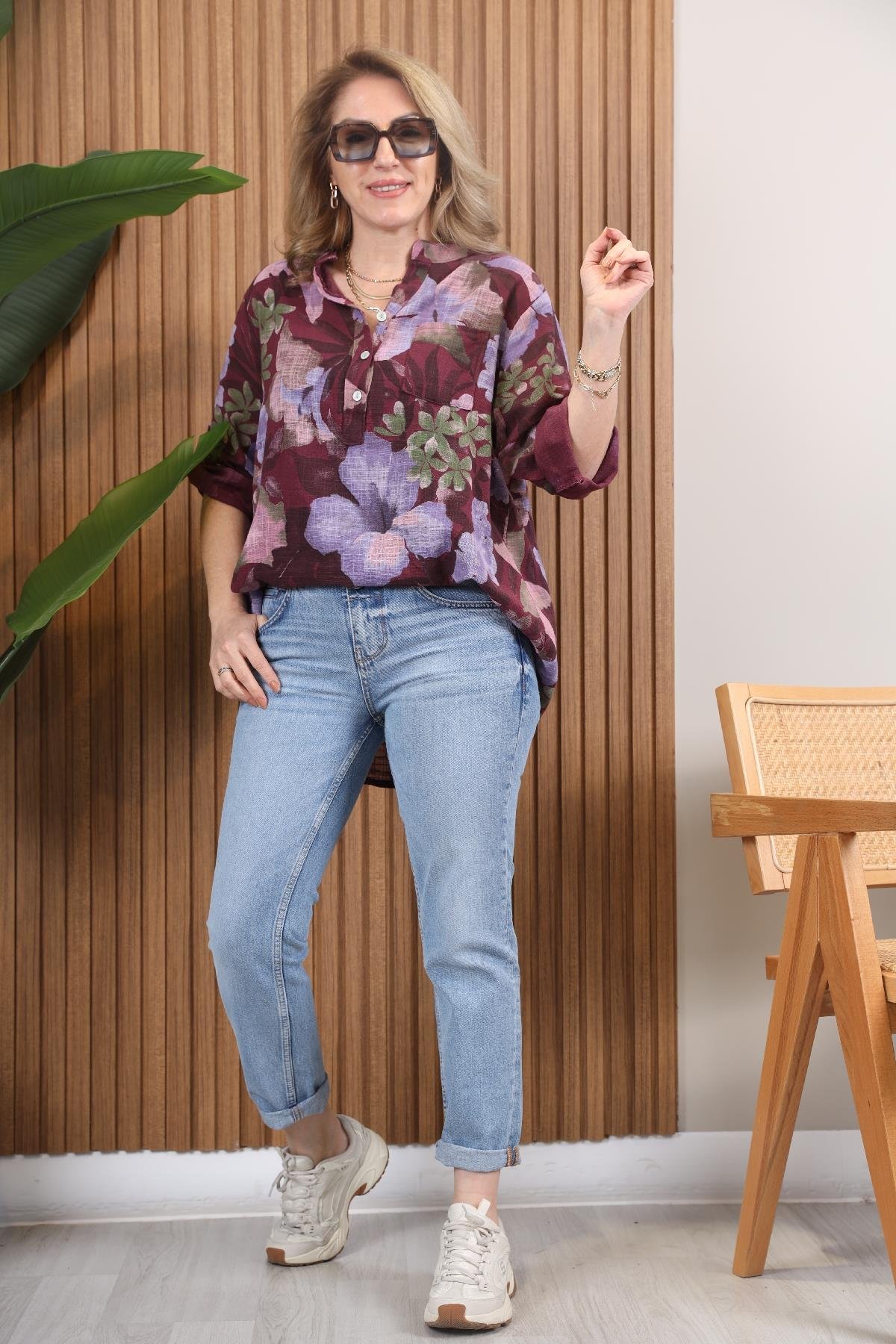 İthal Floral Desen Mor Gömlek