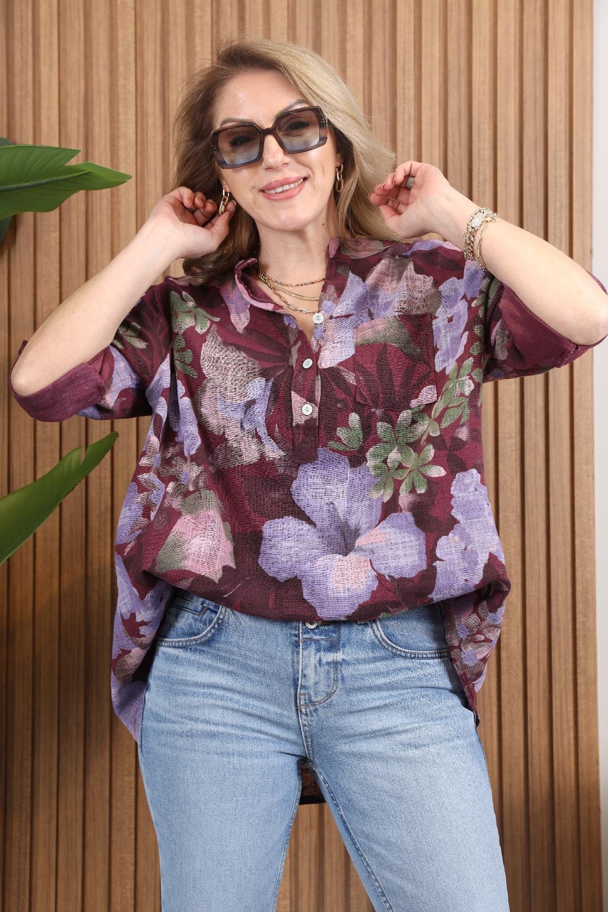 İthal Floral Desen Mor Gömlek