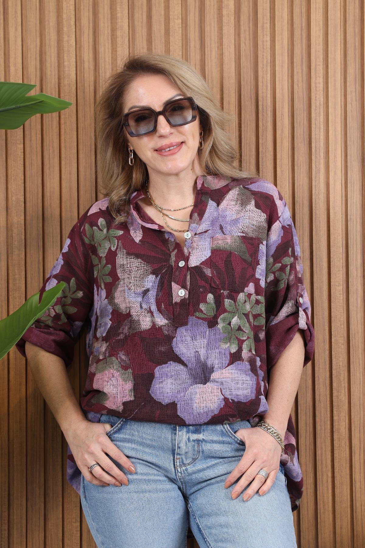İthal Floral Desen Mor Gömlek