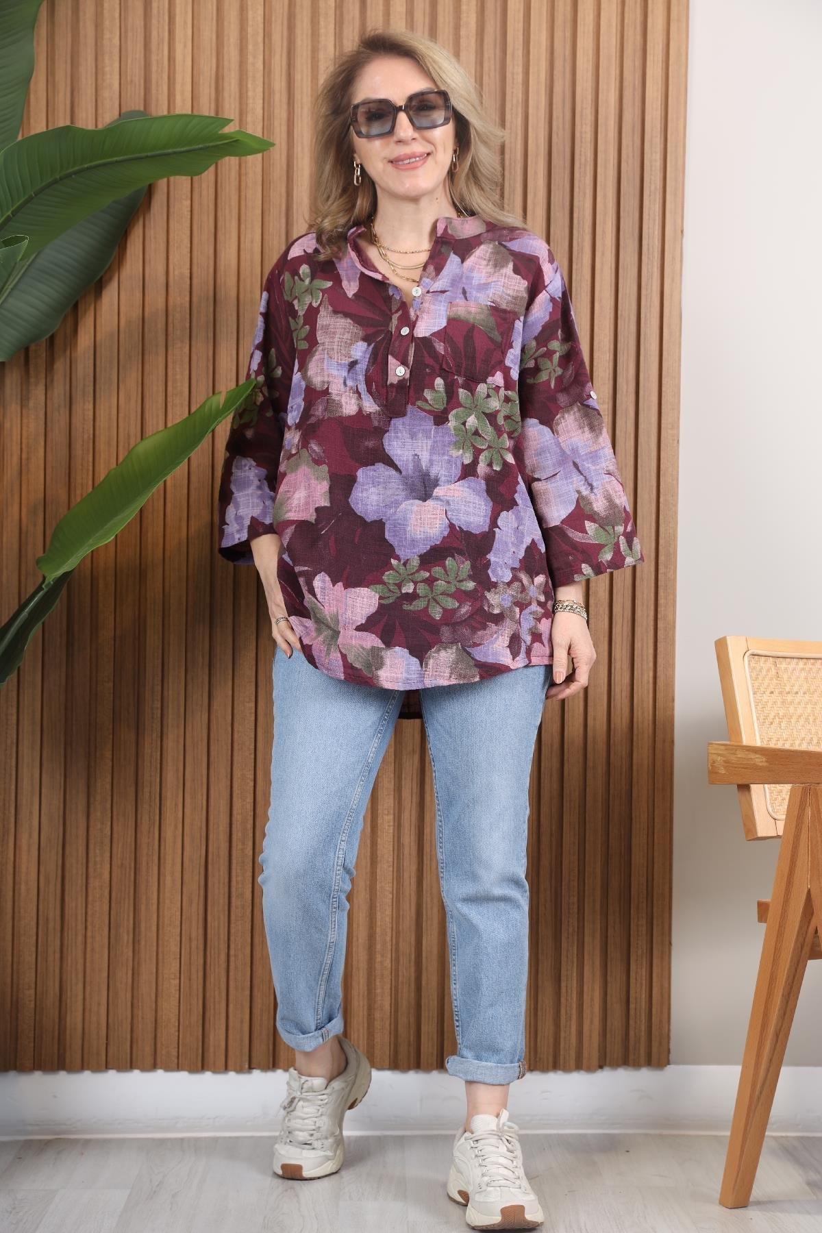 İthal Floral Desen Mor Gömlek