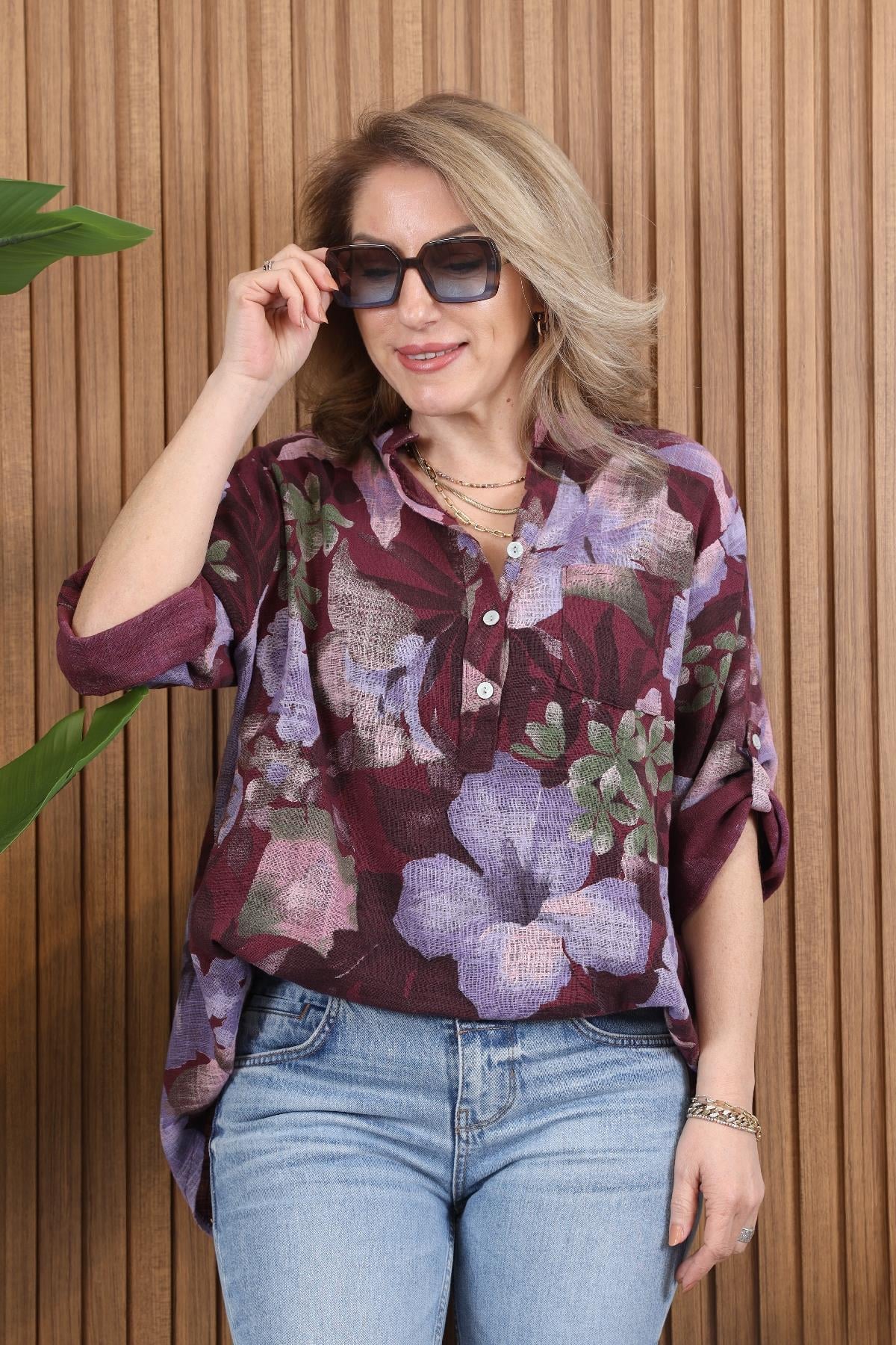 İthal Floral Desen Mor Gömlek