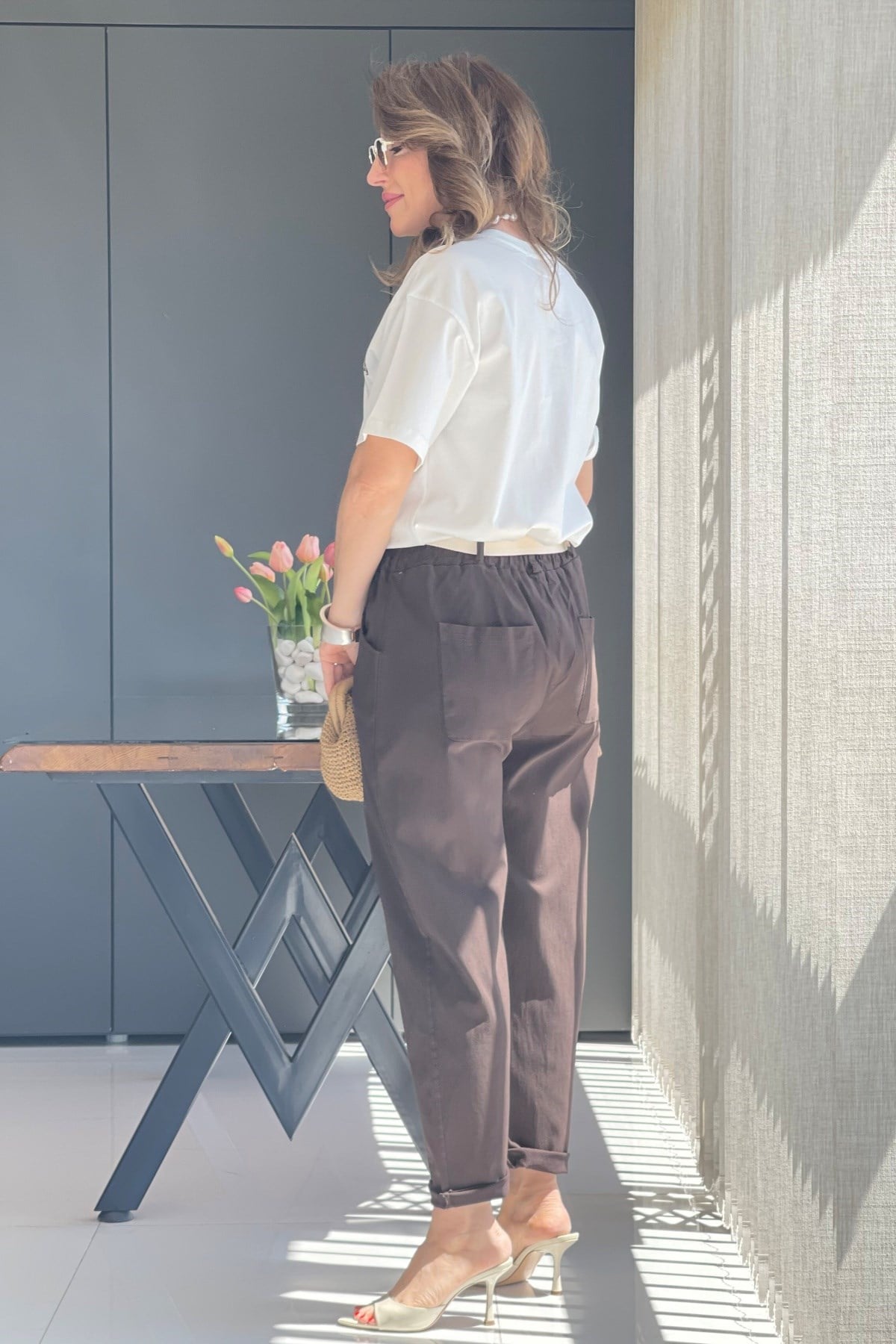 İthal Gabardin Bel Lastik Kahve Pantolon