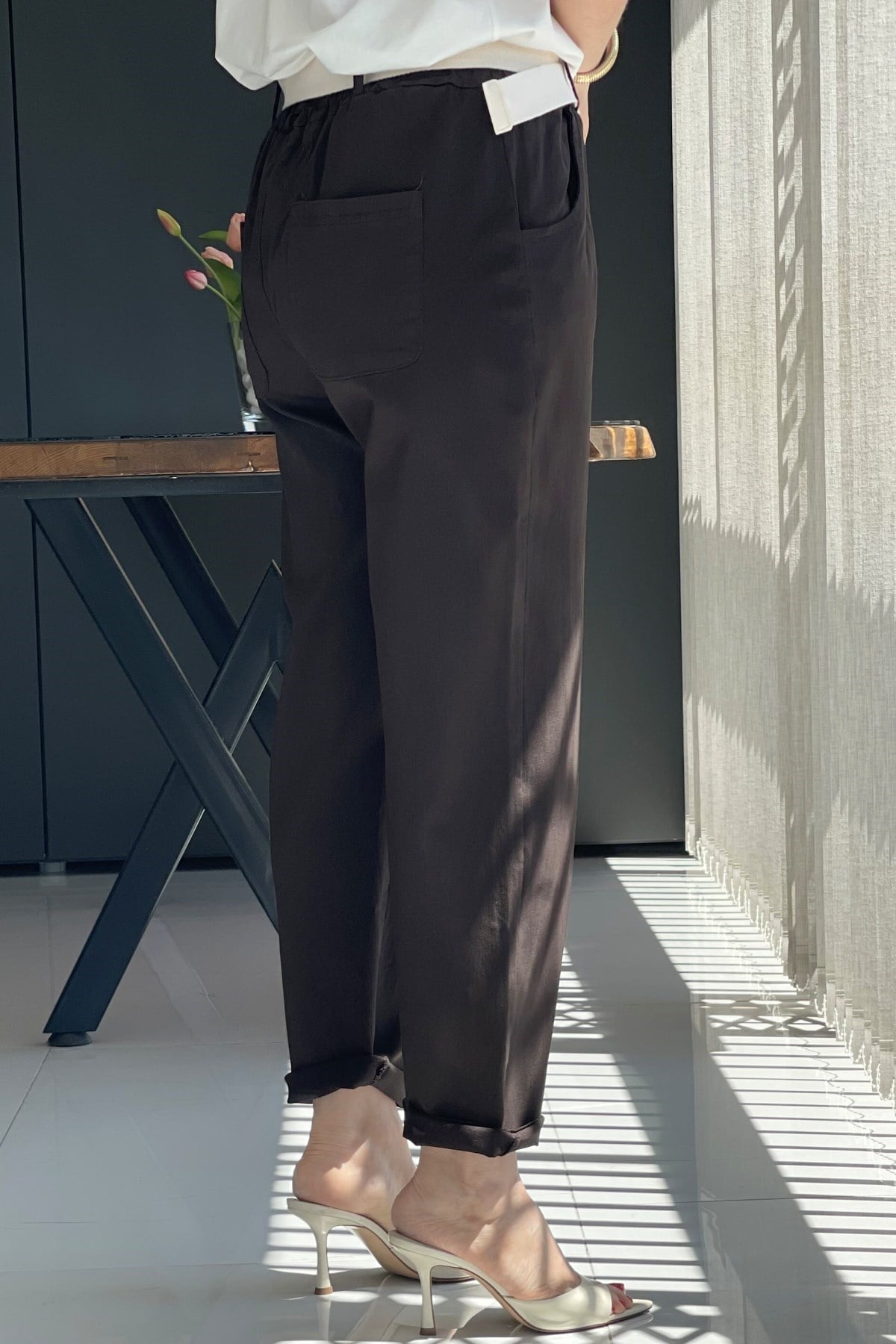 İthal Gabardin Bel Lastik Kahve Pantolon