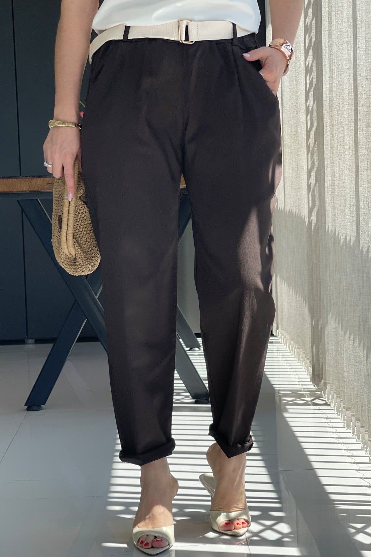İthal Gabardin Bel Lastik Kahve Pantolon
