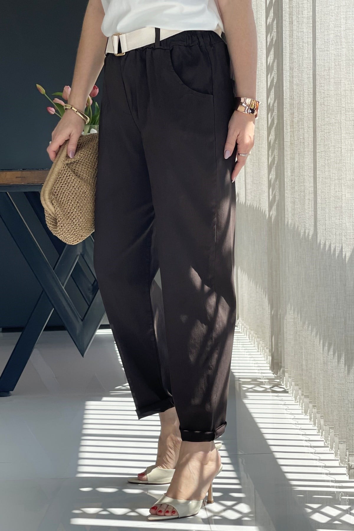 İthal Gabardin Bel Lastik Kahve Pantolon