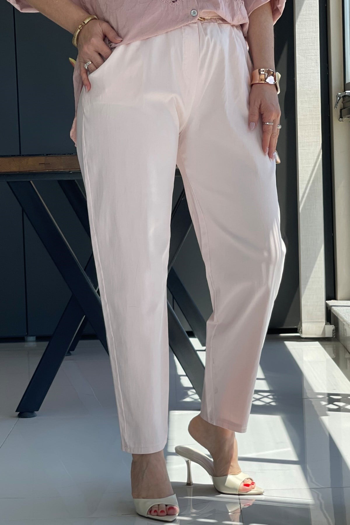 İthal Gabardin Bel Lastik Pudra Pantolon