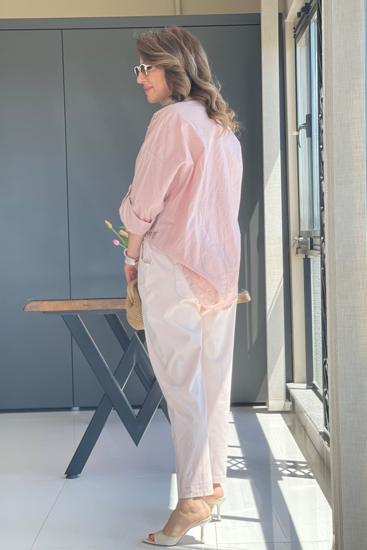 İthal Gabardin Bel Lastik Pudra Pantolon