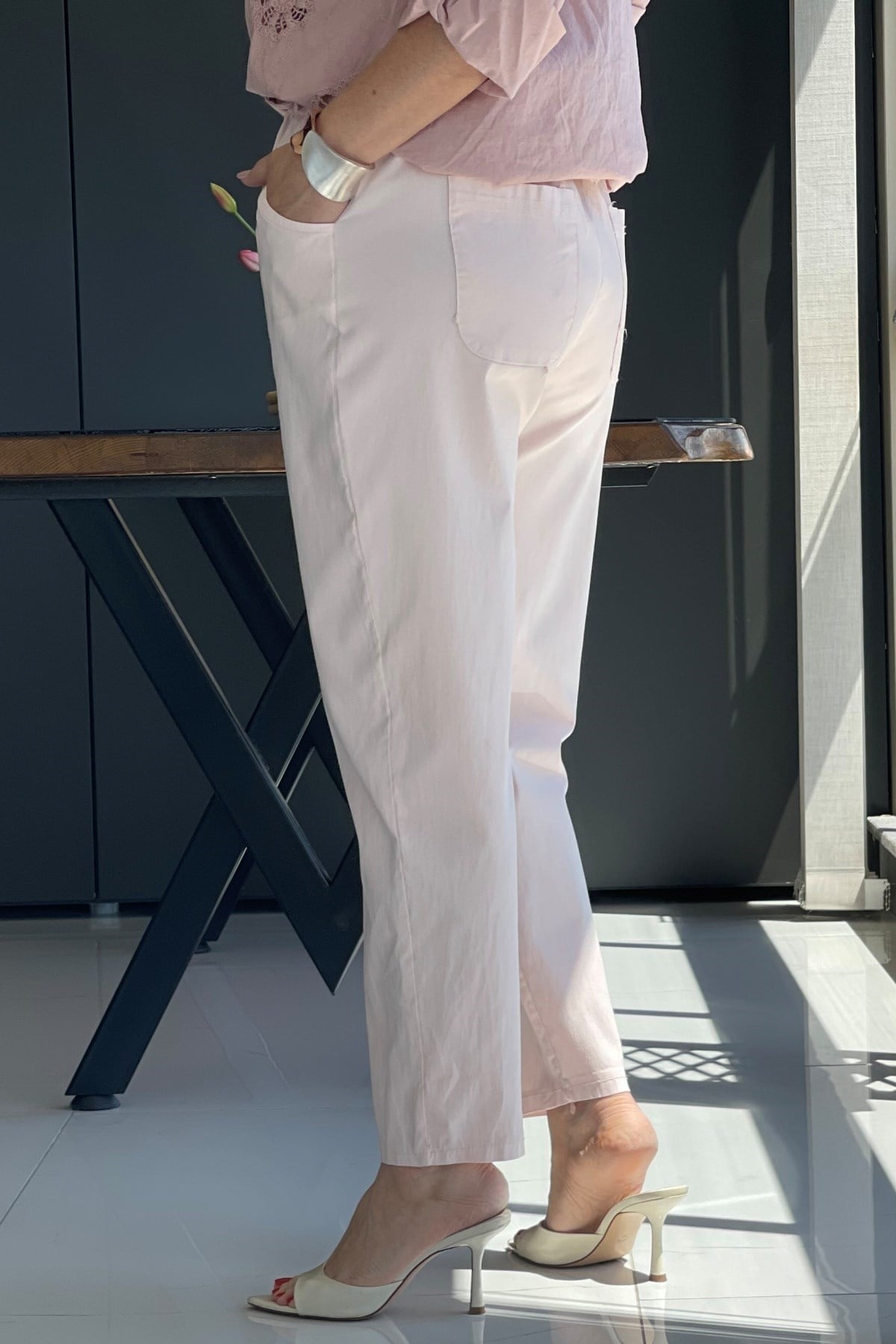 İthal Gabardin Bel Lastik Pudra Pantolon