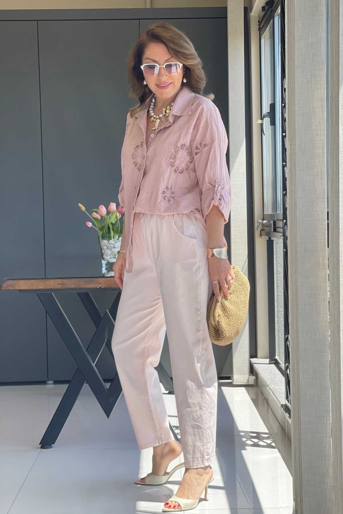 İthal Gabardin Bel Lastik Pudra Pantolon